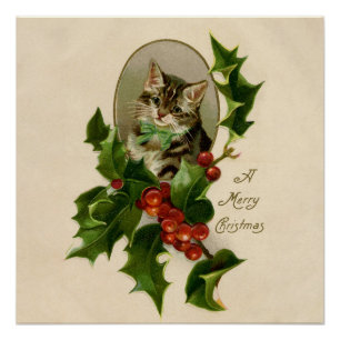 Cat Christmas Merry Holly Kitten Antique Art Poster