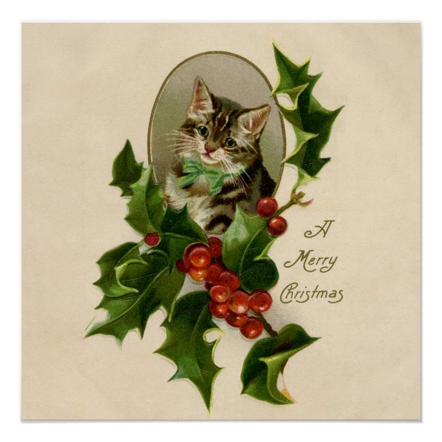 Cat Christmas Merry Holly Kitten Antique Art Poster (Front)