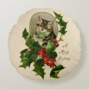 Cat Christmas Merry Holly Kitten Antique Art Round Cushion