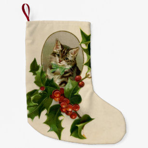 Cat Christmas Merry Holly Kitten Antique Art Small Christmas Stocking