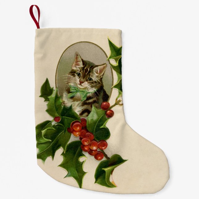 Cat Christmas Merry Holly Kitten Antique Art Small Christmas Stocking (Front)