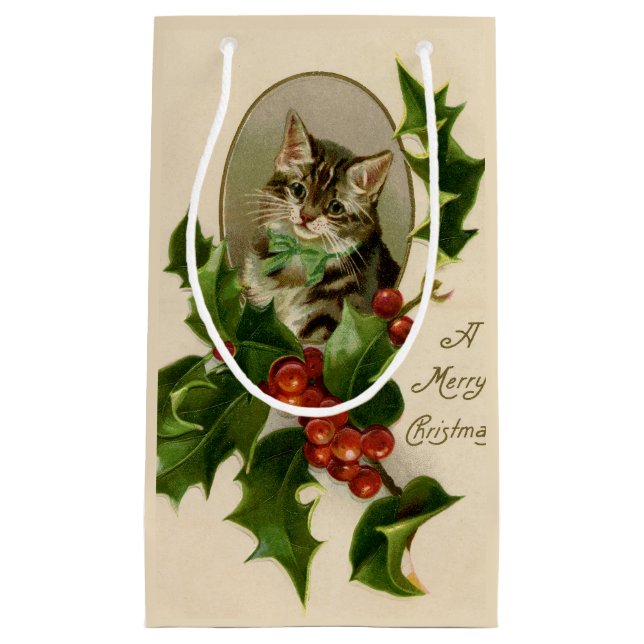 Cat Christmas Merry Holly Kitten Antique Art Small Gift Bag (Front)