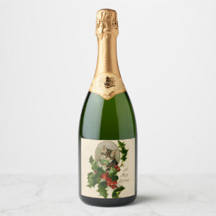 Cat Christmas Merry Holly Kitten Antique Art Sparkling Wine Label