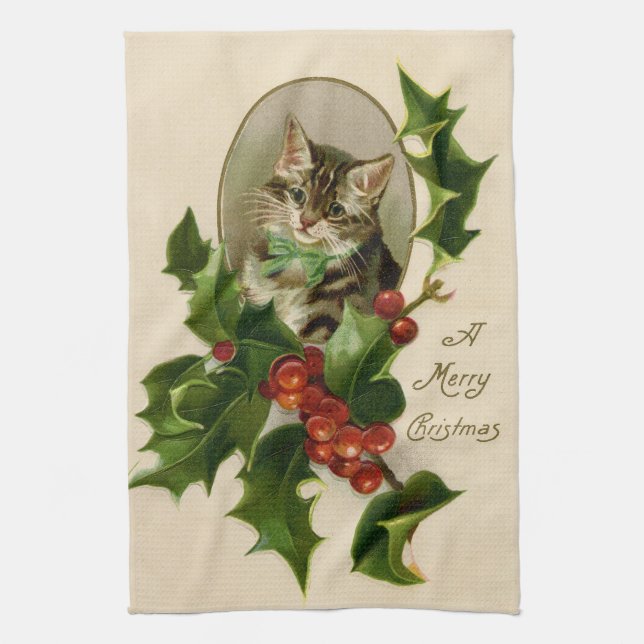 Cat Christmas Merry Holly Kitten Antique Art Tea Towel (Vertical)