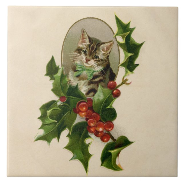 Cat Christmas Merry Holly Kitten Antique Art Tile (Front)