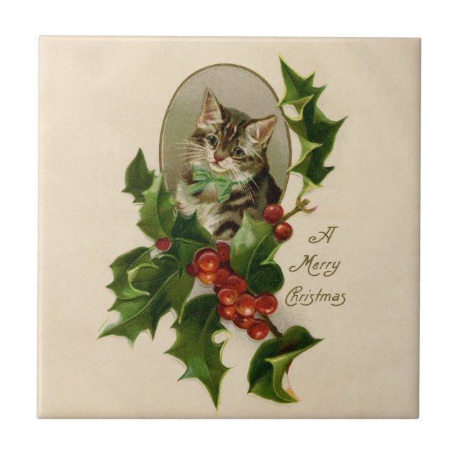 Cat Christmas Merry Holly Kitten Antique Art Tile (Front)