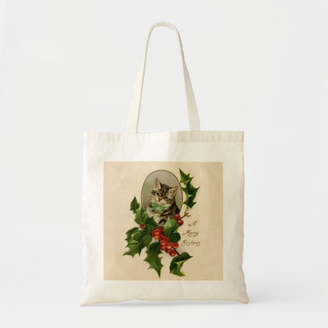 Cat Christmas Merry Holly Kitten Antique Art Tote Bag (Front)