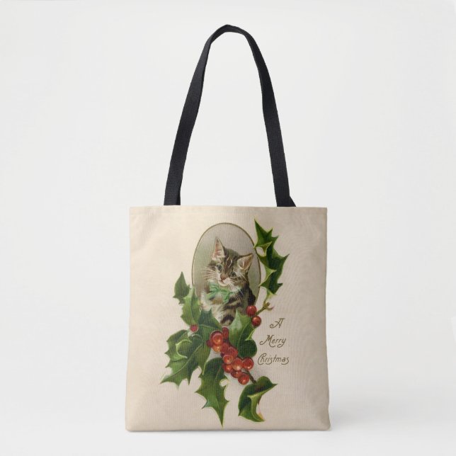 Cat Christmas Merry Holly Kitten Antique Art Tote Bag (Front)