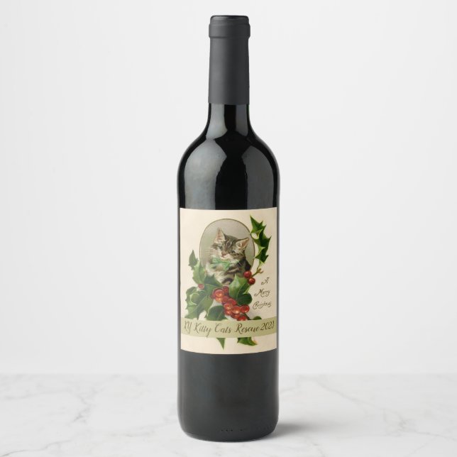 Cat Christmas Merry Holly Kitten Antique Art Wine Label (Front)