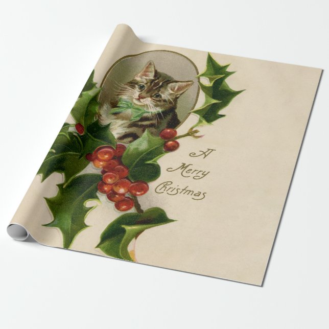 Cat Christmas Merry Holly Kitten Antique Art Wrapping Paper (Unrolled)