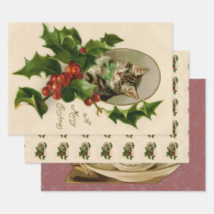 Cat Christmas Merry Holly Kitten Antique Art Wrapping Paper Sheet