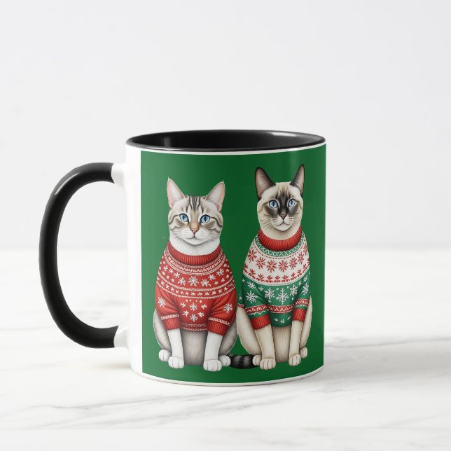 Cat Christmas Mug, Tabby and Siamese Cats Mug (Left)
