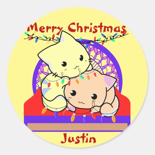 Cat christmas on bed, personalised name  classic round sticker (Front)