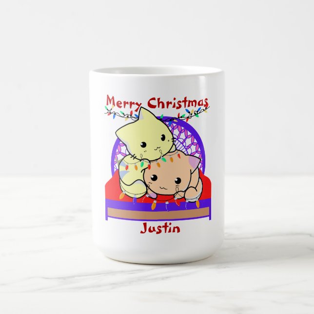 Cat christmas on bed, personalised name   coffee mug (Center)