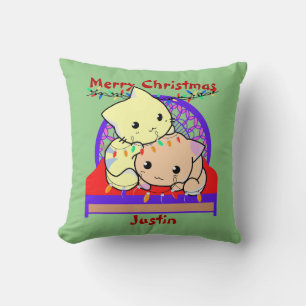 Cat christmas on bed, personalised name cushion