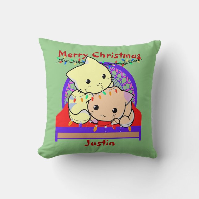 Cat christmas on bed, personalised name  cushion (Front)