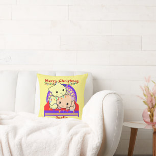 Cat christmas on bed, personalised name cushion