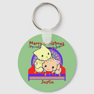 Cat christmas on bed, personalised name key ring