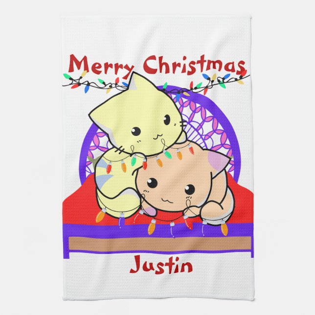 Cat christmas on bed, personalised name  tea towel (Vertical)