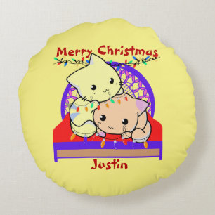 Cat christmas on bed, personalized name   round cushion