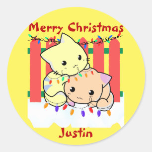 Cat christmas out door, personalised name  classic round sticker