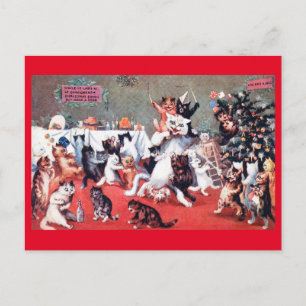 Cat Christmas Party with Kittens, Louis Wain Postc Postcard