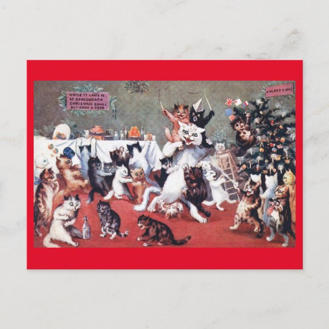 Cat Christmas Party with Kittens, Louis Wain Postc Postcard (Front)