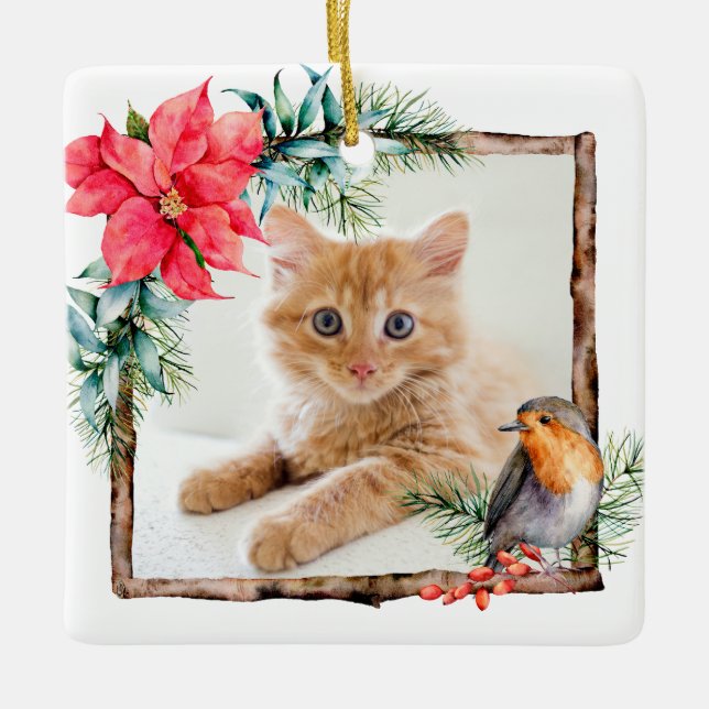 Cat Christmas Photo Ceramic Ornament (Front)