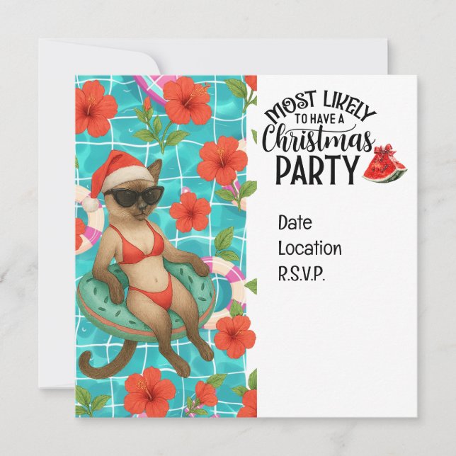 Cat Christmas Pool Party for Christmas in July  Invitation (Front)