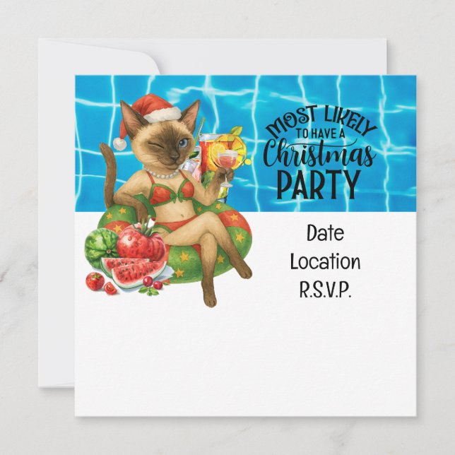 Cat Christmas Pool Party Invitation Card (Front)