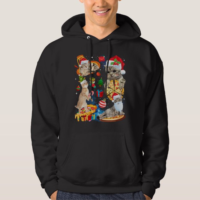 Cat Christmas Riding Pizza Funny Cats Santa Hat Xm Hoodie (Front)