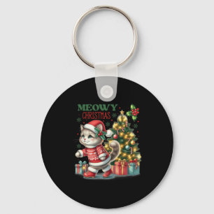 Cat Christmas Santa Hat And Tree Funny Meowy Cats Key Ring