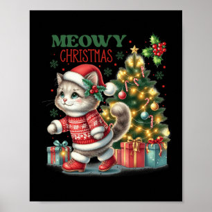 Cat Christmas Santa Hat And Tree Funny Meowy Cats Poster