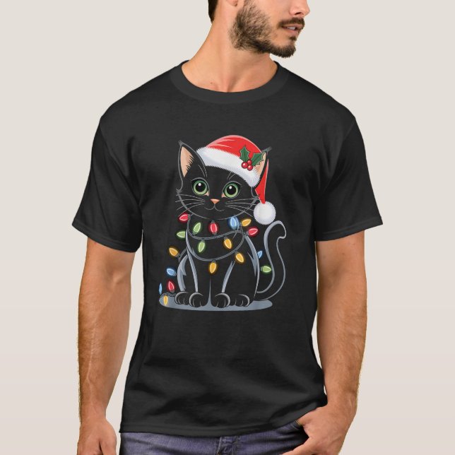 Cat Christmas Santa Hat Funny Meowy Cats Women Men T-Shirt (Front)