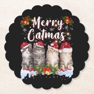 Cat Christmas Santa Hat Funny Merry Catmas Paper Coaster