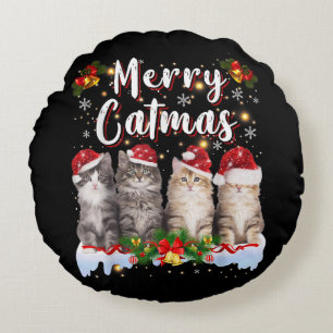 Cat Christmas Santa Hat Funny Merry Catmas Round Cushion