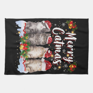 Cat Christmas Santa Hat Funny Merry Catmas Tea Towel