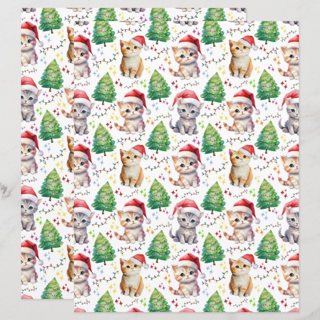 Cat Christmas Scrapbook Paper in White (Front/Back)
