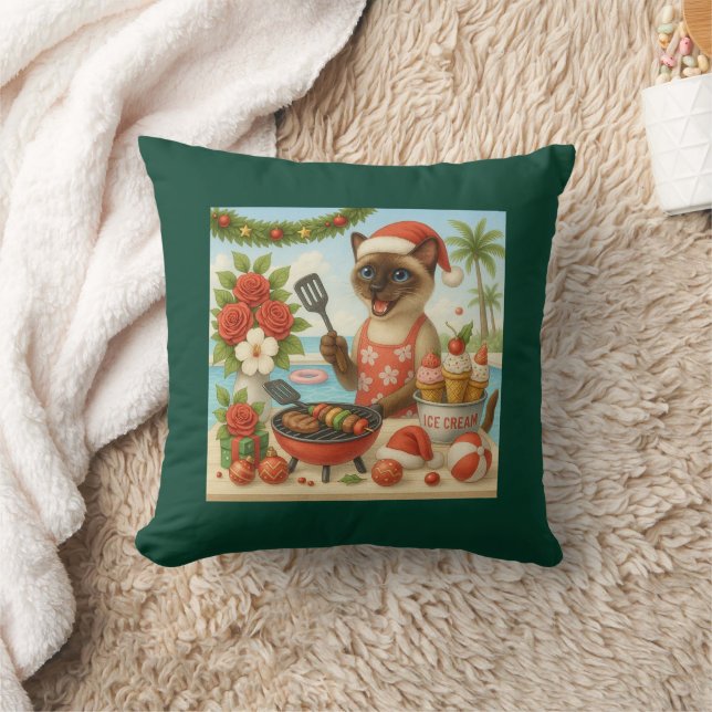 Cat Christmas Summer July Pool Party Cushion (Blanket)
