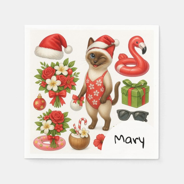 Cat Christmas Summer July Pool Party Napkin (Front)