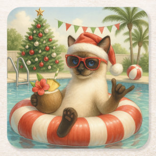 Cat Christmas Summer July Pool Party Square Paper Coaster