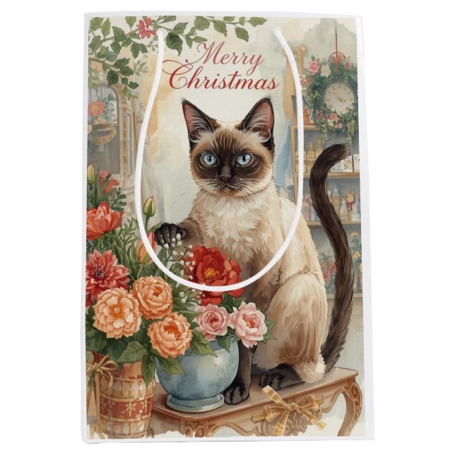 Cat Christmas themed by Siamese cat in florist  Medium Gift Bag (Front)