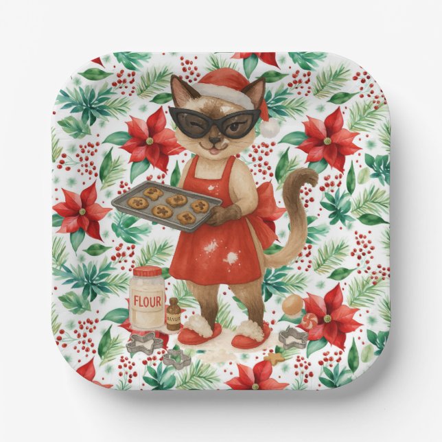 Cat Christmas themed for Siamese Cat Lovers Paper Plate (Front)