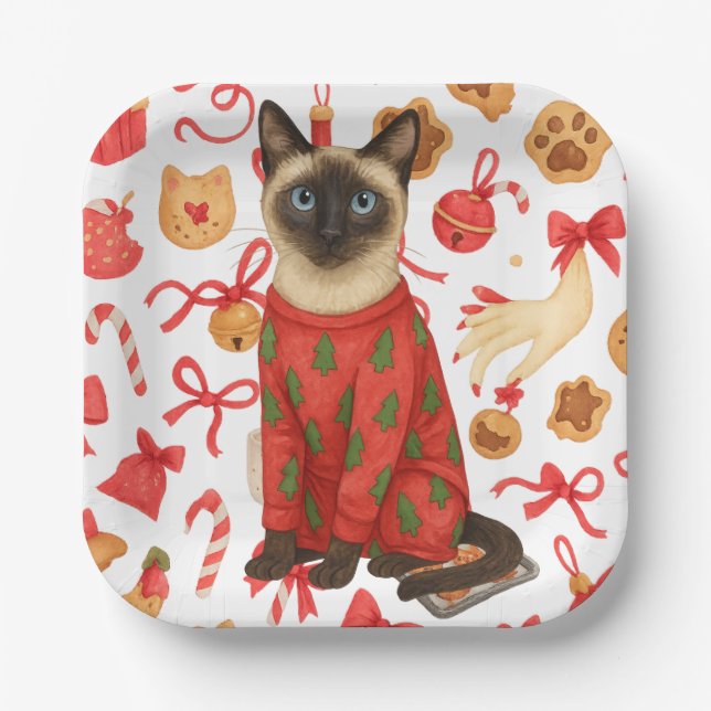 Cat Christmas themed for Siamese Cat Lovers Paper Plate (Front)