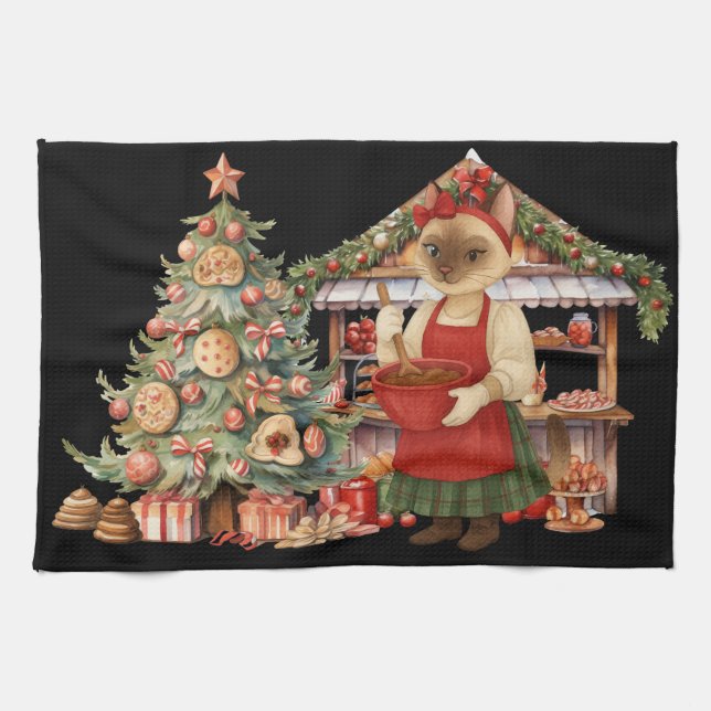 Cat Christmas themed in Bakery Shop  Tea Towel (Horizontal)