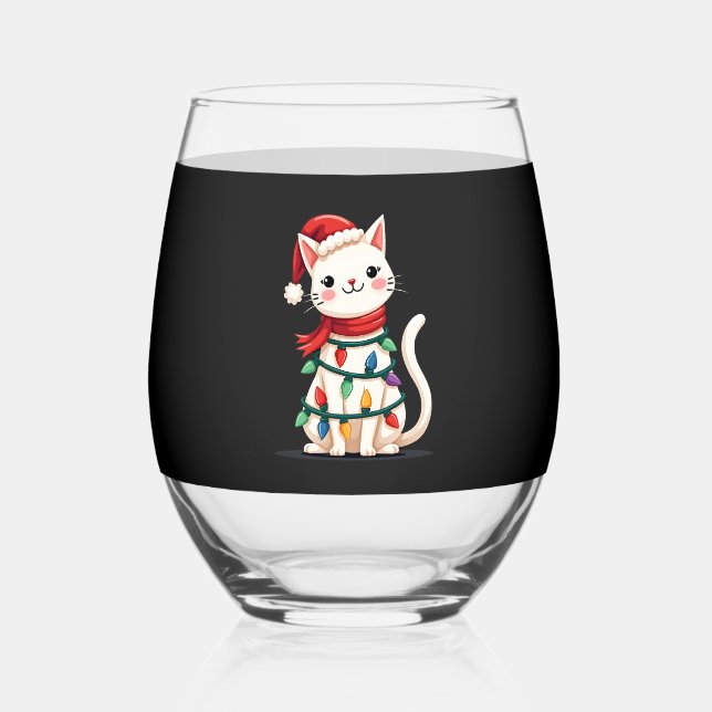 Cat Christmas Tree Christmas (1) Stemless Wine Glass (Front)