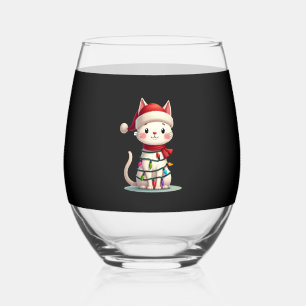 Cat Christmas Tree Christmas (3) Stemless Wine Glass