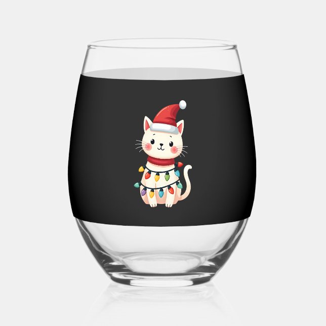 Cat Christmas Tree Christmas (4) Stemless Wine Glass (Front)