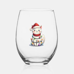 Cat Christmas Tree Christmas Stemless Wine Glass