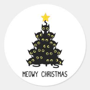 Cat Christmas Tree Cute Black Kitten Lover Meowy W Classic Round Sticker